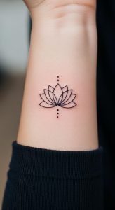 Fine line geometric lotus tattoo on light inner forearm, minimalistic design, soft lighting, close-up.