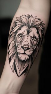 Geometric lion forearm tattoo with angular black ink lines, dotwork shading, intense eyes, close-up.