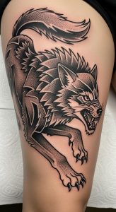 Bold blackwork geometric wolf tattoo on thigh, traditional American style, dynamic pose, dotwork shading