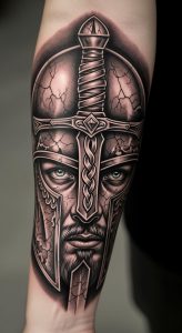 Hyper-realistic black and gray forearm tattoo of warrior helmet, sword handle, vivid blue-green eyes, detailed shading.