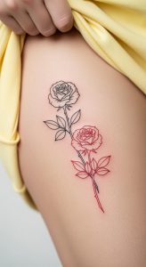 Minimalist fine line black and red rose tattoo on upper thigh, soft lighting, natural skin texture