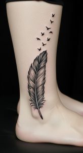 Close-up feather tattoo with fine linework, dot shading, birds in flight, leg, light skin