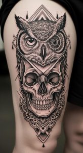 Black and gray thigh tattoo of owl and skull fusion, geometric lines, steampunk gear, dotwork shading.
