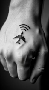 Monochrome close-up of hand with minimalistic black airplane tattoo, wavy line, soft lighting.