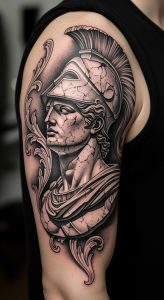 Classical warrior statue tattoo with Corinthian helmet, acanthus leaves, black and gray realism, dotwork shading
