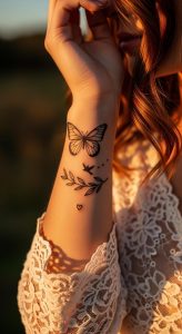 Close-up of wrist butterfly and botanical tattoos on slender arm in lace, warm natural light.