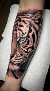 Realistic black and grey tiger tattoo on forearm, vivid blue eye accent, fine line detail
