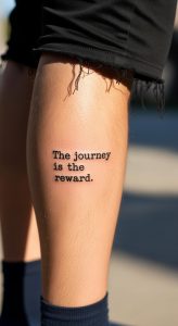 Close-up male calf with black typewriter font tattoo, frayed shorts, casual style, soft bokeh background