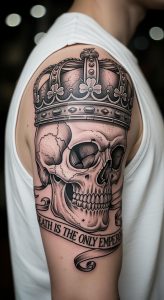 Close-up black and gray skull tattoo with royal crown, gothic lettering, arm sleeve, soft lighting, bokeh background