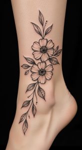 Delicate black ink fine line floral ankle tattoo with dotwork shading, minimalist botanical, macro photography.