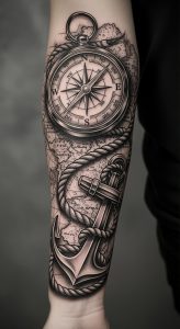 Realistic black and grey forearm tattoo featuring compass, nautical map, detailed anchor, and rope texture.