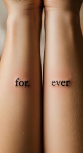 Minimalist lowercase serif tattoo "for ever" on two close-up warm skin forearms, soft lighting
