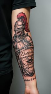 Forearm tattoo of medieval knight in armor, red plume, black grey shading, script text, close-up