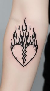 Minimalist broken heart tattoo with bold black flames, jagged crack, monochrome design, palm-sized, forearm.