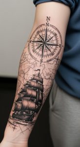 Detailed forearm tattoo featuring compass rose, nautical ship, intricate linework, dotwork, black silhouette, skin texture