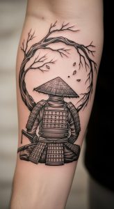 Black and gray inner forearm samurai tattoo, fine line dotwork, katana, bare tree branch.