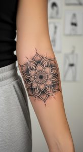 Close-up forearm mandala tattoo, bold black lines, dotwork shading, soft light, medium skin tone