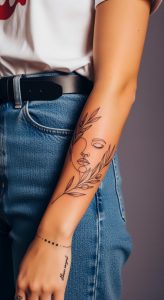 Minimalist line art olive branch and abstract face forearm tattoo, fine line botanical style, casual outfit