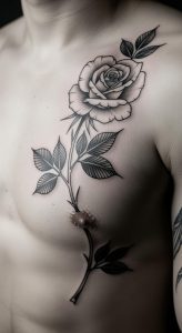 Black and gray rose chest tattoo with fine linework, shading gradients, dotwork texture, anatomical wrap.