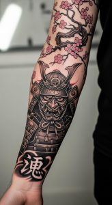 Realistic samurai forearm tattoo with cherry blossoms, Japanese kanji, detailed shading, black and pink ink