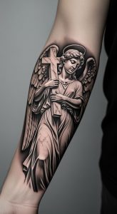 Black and grey forearm tattoo of realistic angel with cross, classical sculpture style, fine shading