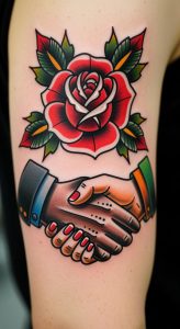 Bold traditional bicep tattoo of shaking hands beneath vibrant red rose, detailed linework, dot shading