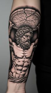 Black and gray forearm tattoo of mythological muscular figure lifting cracked stone, intricate linework, dotwork shading.