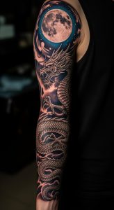 Realistic black and grey dragon tattoo wraps forearm; blue moon, night sky, detailed scales, atmospheric.