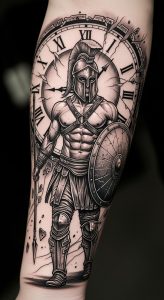 Detailed black and gray forearm tattoo of muscular gladiator with Corinthian helmet, spear, shield, broken clock.
