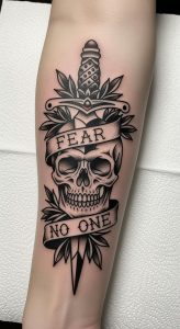 Bold blackwork forearm tattoo: skull and dagger, ribbon banner reads "FEAR NO ONE," detailed shading