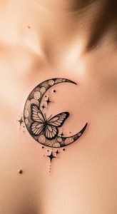 Close-up macro tattoo of crescent moon, butterfly, dotwork, celestial stars, fine line art.